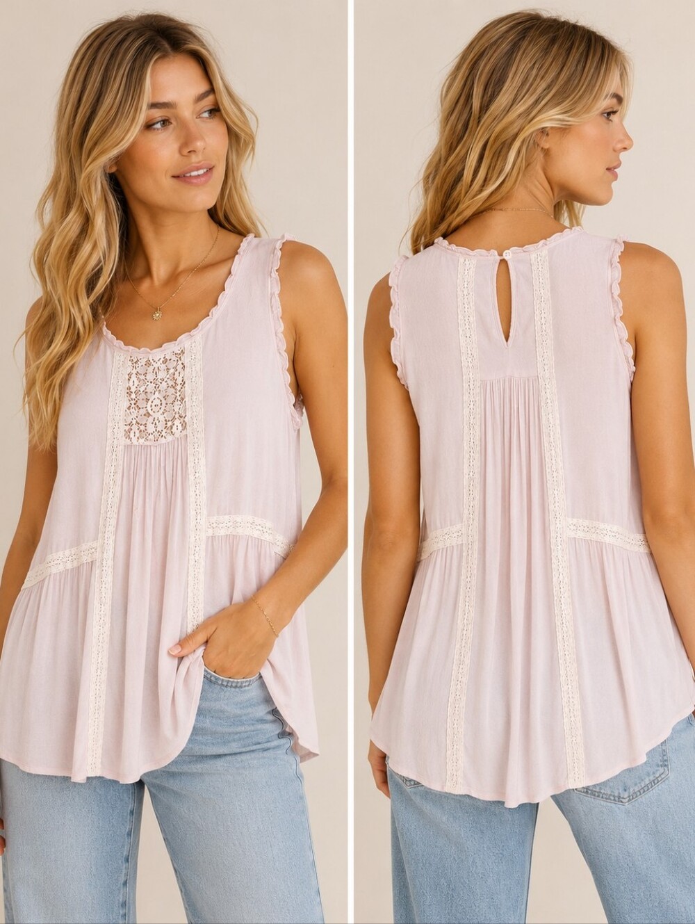 POL Boho Lace Trim Rayon Babydoll Tunic Tank Top Pink Womens Medium Whimsical